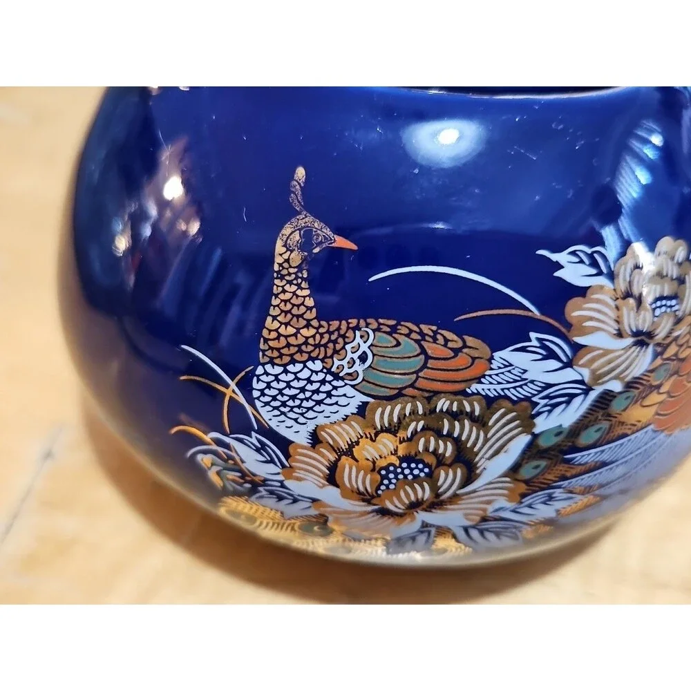 Vintage Japanese Cobalt Blue Tea Set With Gold Peacock Design - Teapot W/ 4 Cups
